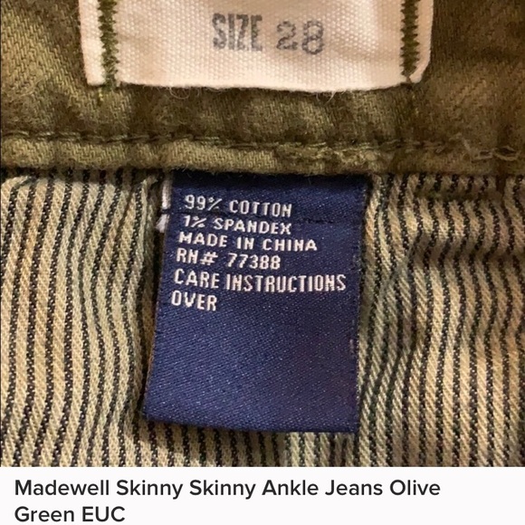 Madewell Skinny Skinny Ankle Jeans Olive Green EUC - Picture 7 of 11